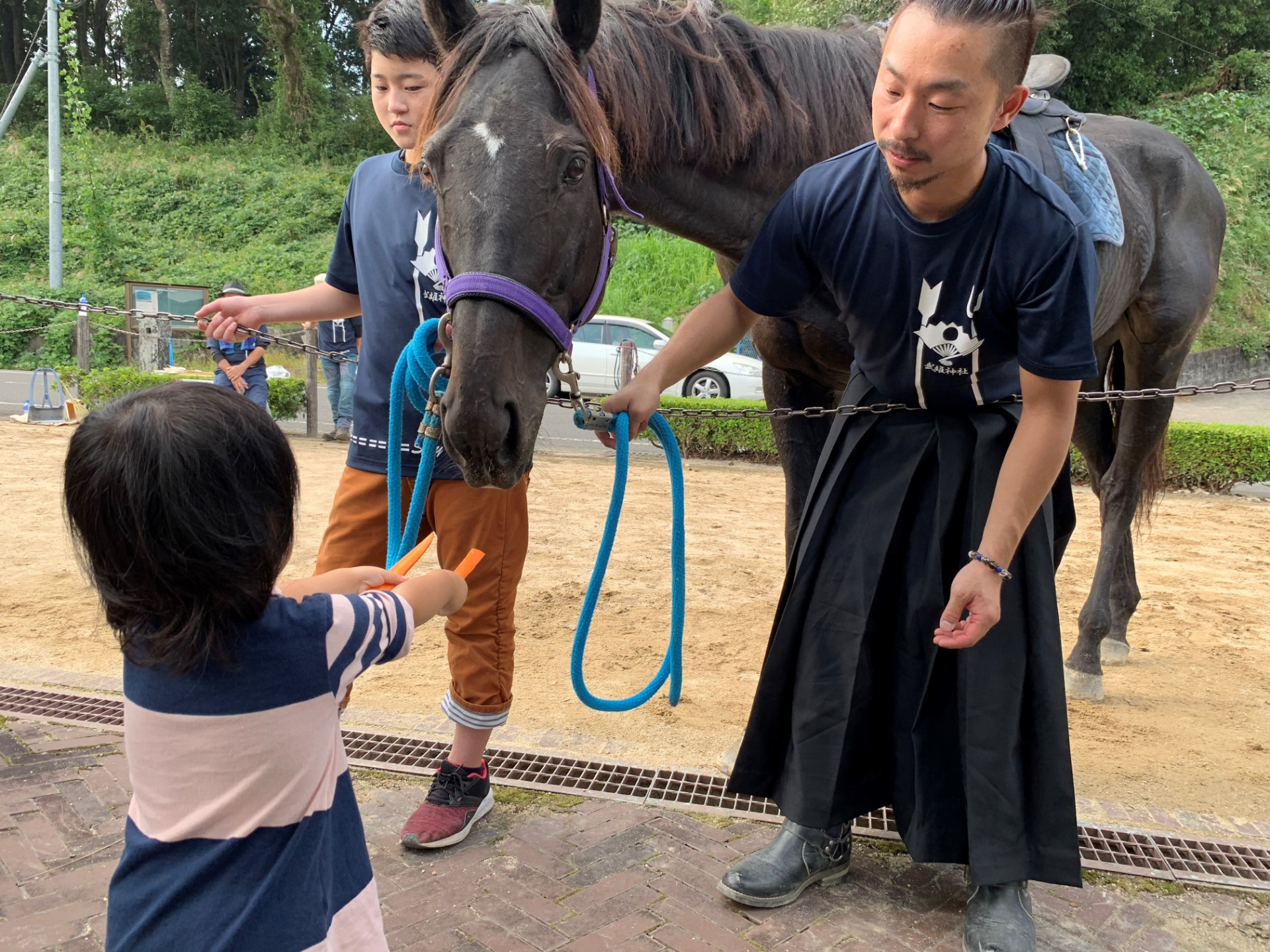 馬に餌をあげるこどもの写真